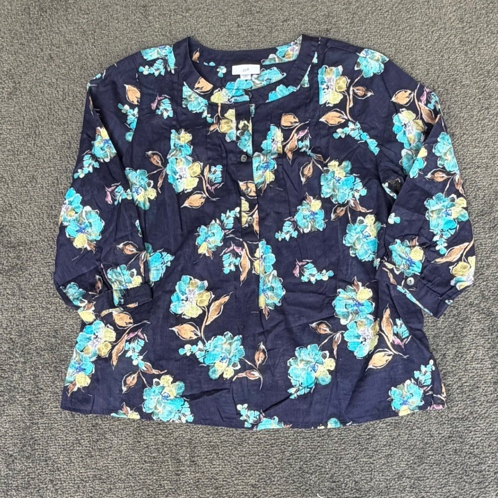 J. Jill Navy‎ Blue Floral Cotton Henley Blouse 3/4 Sleeve Petite Medium PM